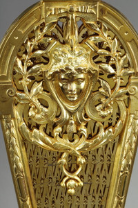Gilded brass and bronze fan-shaped fire screen