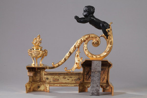 PAIR OF ANDIRONS "WITH ARABESQUE CHILDREN" IN THE LOUIS XVI STYLE