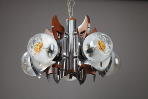 MAZZEGA CHANDELIER IN WOOD, CHROME AND MURANO GLASS