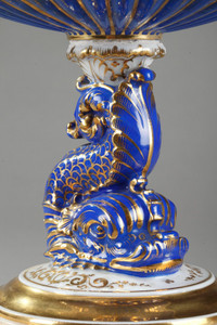 ANTIQUE DOLPHIN DISPLAY STAND IN POLYCHROME PORCELAIN AND GOLD, 19TH CENTURY