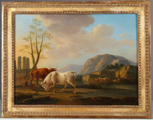 "PAYSAGES AUX VACHES", PAIRE D'HUILES SUR PANNEAUX, SIGNE DIEBOLDT