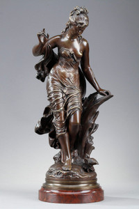 BRONZE PATINA, "LA BAIGNEUSE AUX ROSEAUX", SIGNED AUGUSTE MOREAU