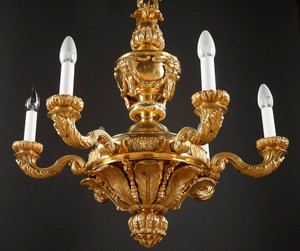 CHANDELIER IN BRONZE DECORATED WITH MASCARONS AND HORNS OF PLENTY WITH SIX LIGHTS
