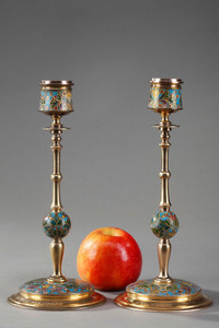 PAIR OF CANDLESTICKS IN BRONZE AND ENAMEL SIGNED BARBEDIENNE