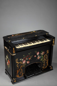 WOODEN BELLOWS HARMONIUM DECORATED WITH FLOWERS ON A BLACK BACKGROUND, 19TH CENTURY