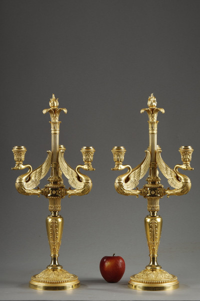 Pair of three -light candelabra in gilded bronze