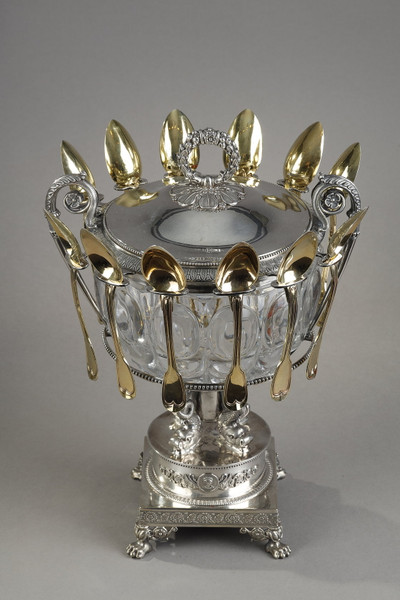 Marmeladenschale oder Zuckerdose aus Kristall, Silber und Vermeil