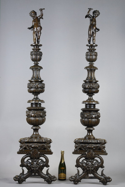 PAIR OF LANDIERS' ANDIRONS IN THE RENAISSANCE STYLE