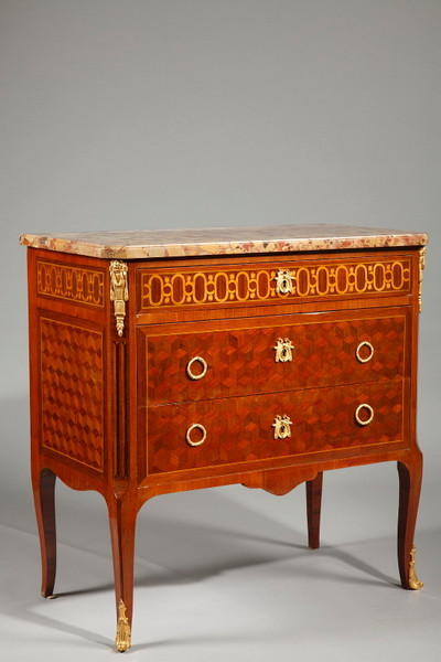 TRANSITIONAL STYLE CHEST OF DRAWERS IN MARQUETTERY OF WOOD AND GILDED BRONZE