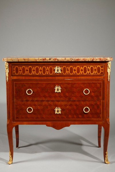 TRANSITIONAL STYLE CHEST OF DRAWERS IN MARQUETTERY OF WOOD AND GILDED BRONZE