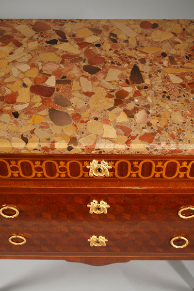 TRANSITIONAL STYLE CHEST OF DRAWERS IN MARQUETTERY OF WOOD AND GILDED BRONZE