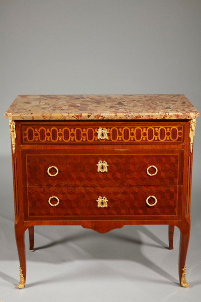 TRANSITIONAL STYLE CHEST OF DRAWERS IN MARQUETTERY OF WOOD AND GILDED BRONZE