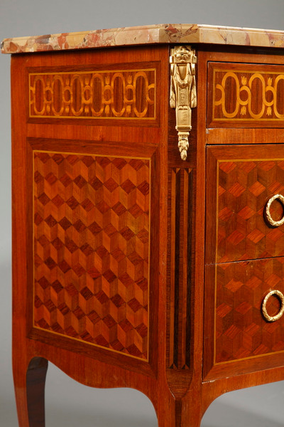 TRANSITIONAL STYLE CHEST OF DRAWERS IN MARQUETTERY OF WOOD AND GILDED BRONZE