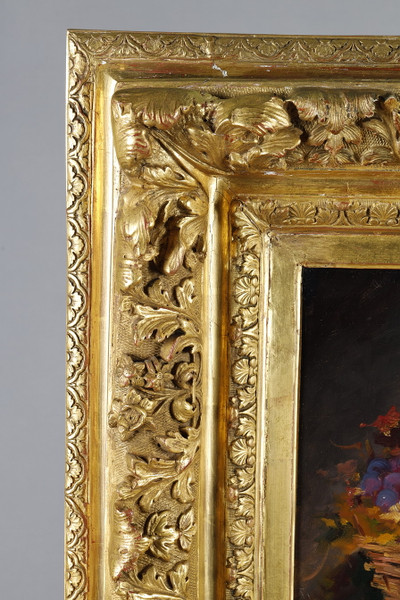 Stillleben-Gemälde von Brunel de Neuville, geschnitzter und vergoldeter Holzrahmen
