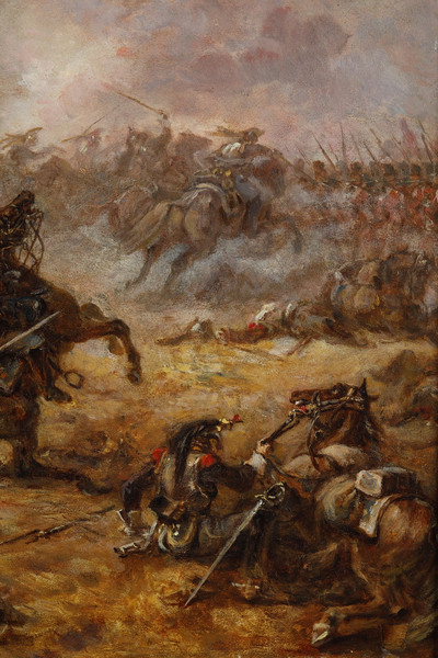 Painting depicting the charge of the French cuirassiers at Watreloo, signed Eugène Charpentier
