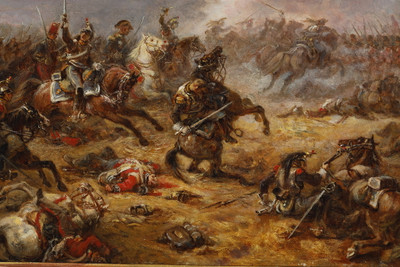 Painting depicting the charge of the French cuirassiers at Watreloo, signed Eugène Charpentier