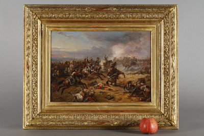 Painting depicting the charge of the French cuirassiers at Watreloo, signed Eugène Charpentier