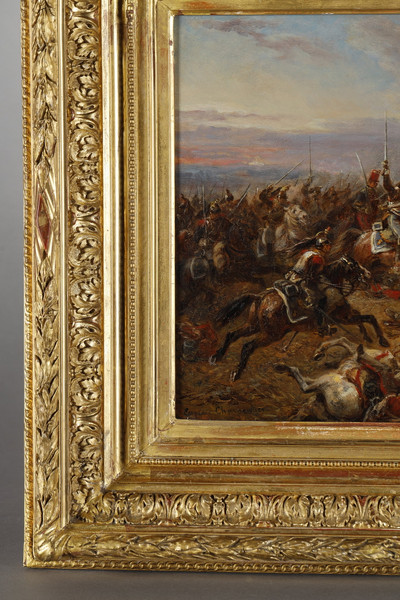 Painting depicting the charge of the French cuirassiers at Watreloo, signed Eugène Charpentier