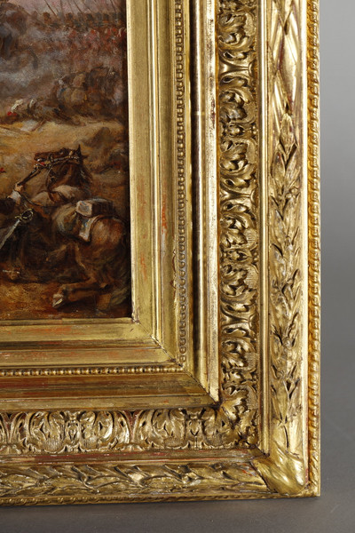 Painting depicting the charge of the French cuirassiers at Watreloo, signed Eugène Charpentier