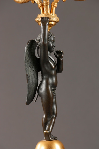 PAIR OF GILT BRONZE AND PATINA CANDELABRA, RESTORATION PERIOD