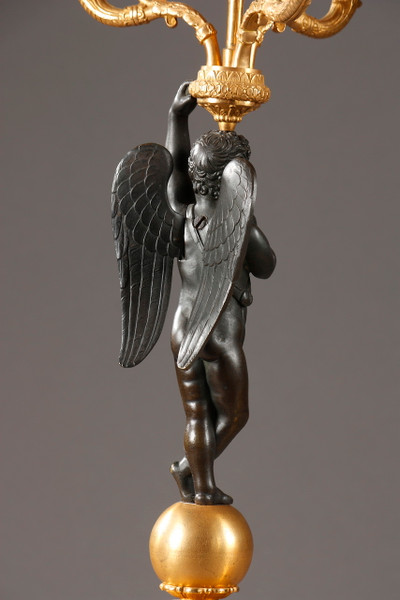 PAIR OF GILT BRONZE AND PATINA CANDELABRA, RESTORATION PERIOD