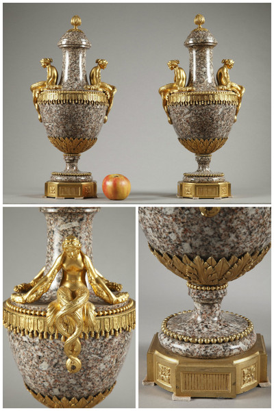 PAIR OF LOUIS XVI STYLE VASES, IN URAL GRANITE AND GILT BRONZE