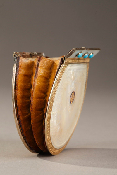 SMALL ANTIQUE PURSE IN MOTHER-OF-PEARL, ENAMEL, VERMEIL AND TURQUOISE, 19TH CENTURY