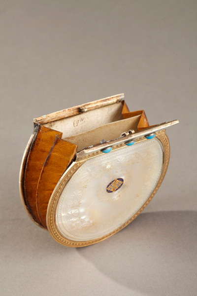 SMALL ANTIQUE PURSE IN MOTHER-OF-PEARL, ENAMEL, VERMEIL AND TURQUOISE, 19TH CENTURY