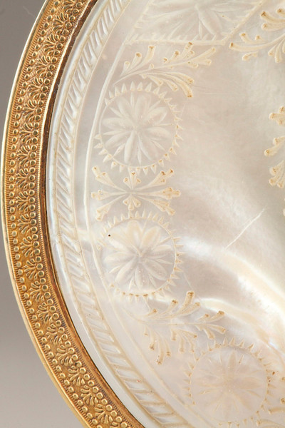 SMALL ANTIQUE PURSE IN MOTHER-OF-PEARL, ENAMEL, VERMEIL AND TURQUOISE, 19TH CENTURY