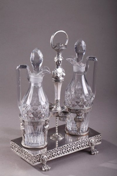 ANTIQUE SILVER AND CRYSTAL OIL AND VINEGAR CRUET, LATE EIGHTEENTH CENTURY