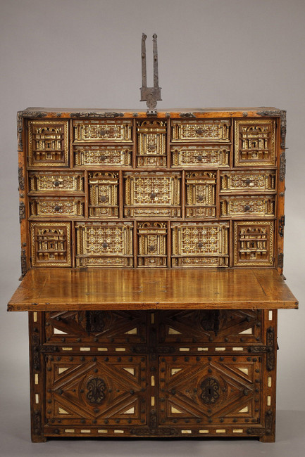 Bagueno, Spanish cabinet, and taquillon in walnut and bone 
