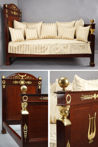 Canapé-lit d'époque Empire en acajou massif et bronzes dorés, 19ème siècle