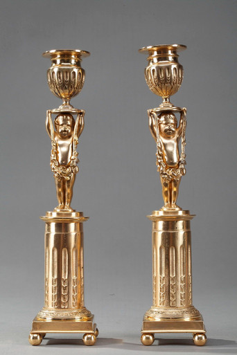 Bougeoir En Bronze Doré Ciselé - Décor Feuillage - Pièce D'occasion
