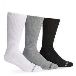 3 premium DeadSoxy casual crew socks from left to right - white, grey, and black, with 2 accent stripes across toes. 3 premium DeadSoxy casual crew socks from left to right - white, grey, and black, with 2 accent stripes across toes.