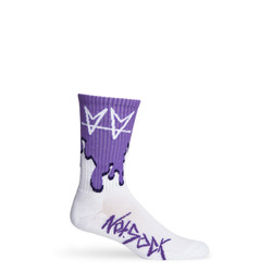 Not.Travis casual collab socks with purple drip shown on mannequin. Not.Travis casual collab socks with purple drip shown on mannequin.