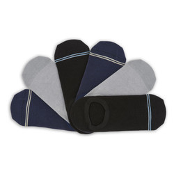 6 pairs no show socks in black, grey, and navy laid flat in a v shape 6 pairs no show socks in black, grey, and navy laid flat in a v shape