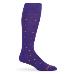 Purple dress socks with orange dots and two stripes on the toe. Purple dress socks with orange dots and two stripes on the toe.