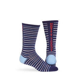 Navy athletic casual Ole Miss licensed socks with stripes in red and powder blue with Hotty Toddy going down the back of the leg. Navy athletic casual Ole Miss licensed socks with stripes in red and powder blue with Hotty Toddy going down the back of the leg.