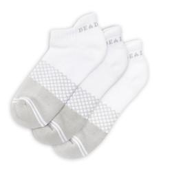 Three-pack of DeadSoxy white ankle socks with gray accents and superior cushioning for everyday comfort Three-pack of DeadSoxy white ankle socks with gray accents and superior cushioning for everyday comfort