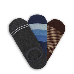 3 pairs of no show socks with various designs laid flat v shape with the heels stacked on top and the toes spread apart 3 pairs of no show socks with various designs laid flat v shape with the heels stacked on top and the toes spread apart