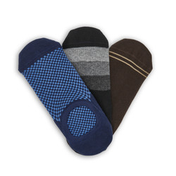 3 pairs of no show socks with various designs laid flat v shape with the heels stacked on top and the toes spread apart 3 pairs of no show socks with various designs laid flat v shape with the heels stacked on top and the toes spread apart