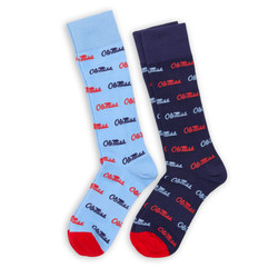 Ole Miss Script Dress Socks 2-Pack in navy and powder blue with repeating Ole Miss script logo pattern." Ole Miss Script Dress Socks 2-Pack in navy and powder blue with repeating Ole Miss script logo pattern."