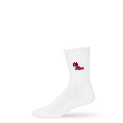 White Crew Socks with Ole Miss embroider on the calf in red. White Crew Socks with Ole Miss embroider on the calf in red.