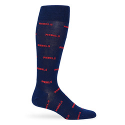 Navy dress socks with REBELS in text in an all over pattern. Navy dress socks with REBELS in text in an all over pattern.