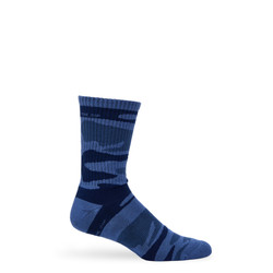 Side profile of Navy Sip Camo Crew Sock on foot, highlighting camo knit pattern and ribbed cuff. Side profile of Navy Sip Camo Crew Sock on foot, highlighting camo knit pattern and ribbed cuff.