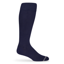 1 dress sock in solid navy blue with a double horizontal stripe across the toe in light grey displayed on a mannequin 1 dress sock in solid navy blue with a double horizontal stripe across the toe in light grey displayed on a mannequin