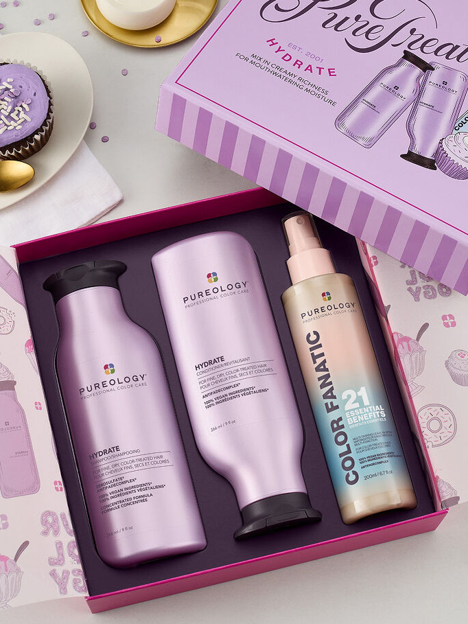 PUREOLOGY Hydrate Holiday Kit – Shampoo, Conditioner & Color Fanatic Leave-In