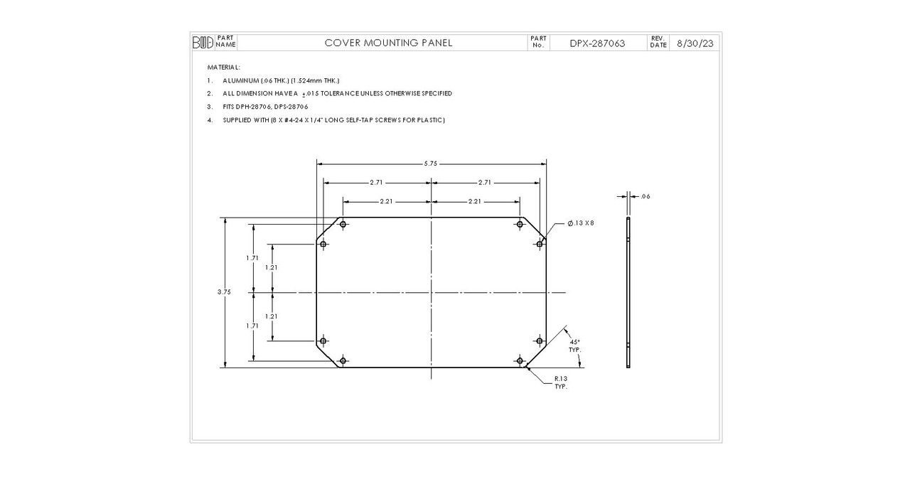 BUD Industries DPX-287063 Cover/Top of Box Mounting Panel