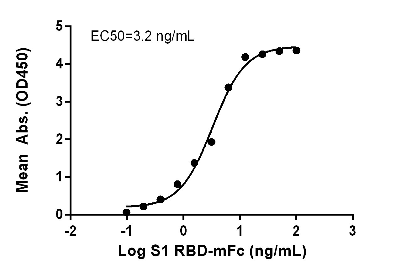 Measured by its binding ability in a functional ELISA.  Recombinant S1/RBD-mFc  (Code: 230-30166) can bind immobilized recombinant human ACE2 (Code: 230-30165) with EC50 at 3.2 ng/mL.