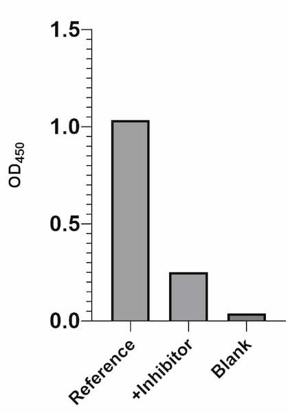 Representative inhibition assay showing reduced signal in the presence of 1 μg/mL protein inhibitor, corresponding to 78.7% inhibition relative to the reference control.